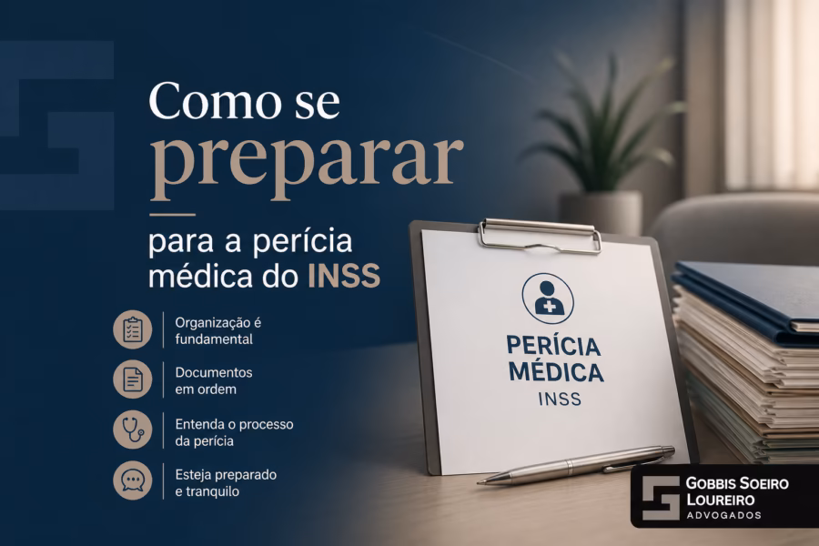 Documentos de perícia médica do INSS organizados em pasta: laudos, exames e receitas em ordem cronológica