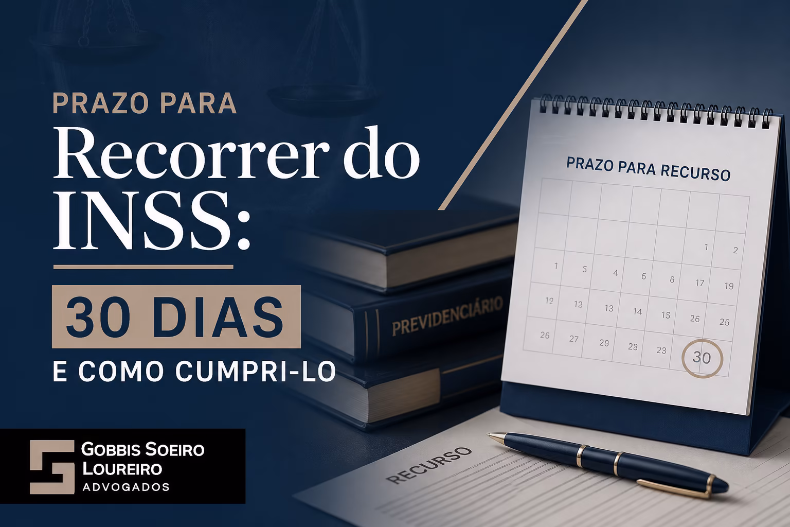 Calendário mostrando contagem de 30 dias para recurso do INSS, com destaque para datas de ciência e protocolo de recurso administrativo
