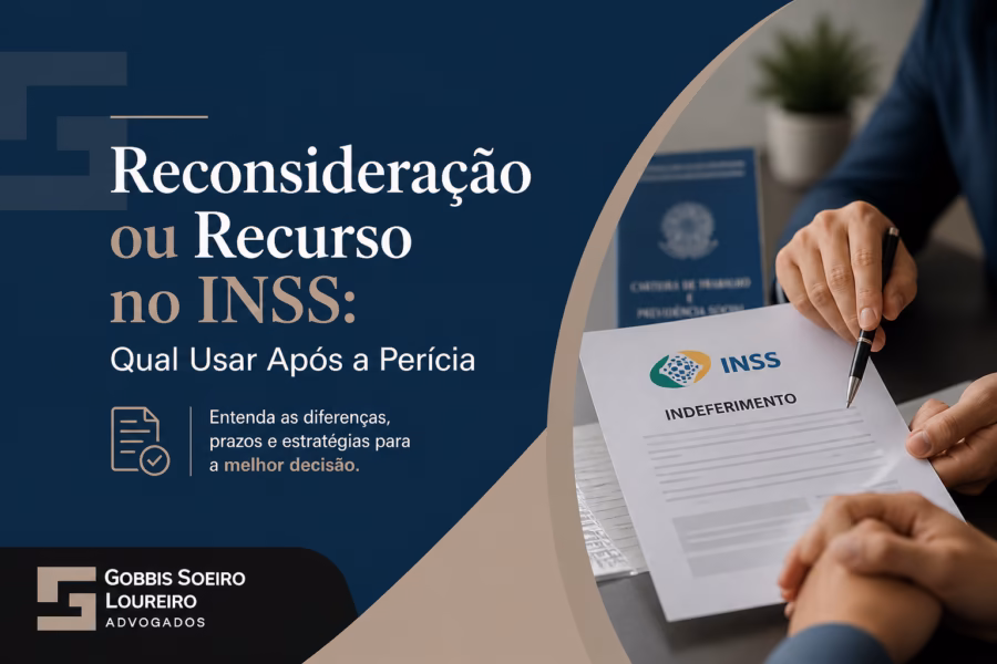 Pessoas consultando documentos sobre reconsideração e recurso administrativo no INSS após perícia negada